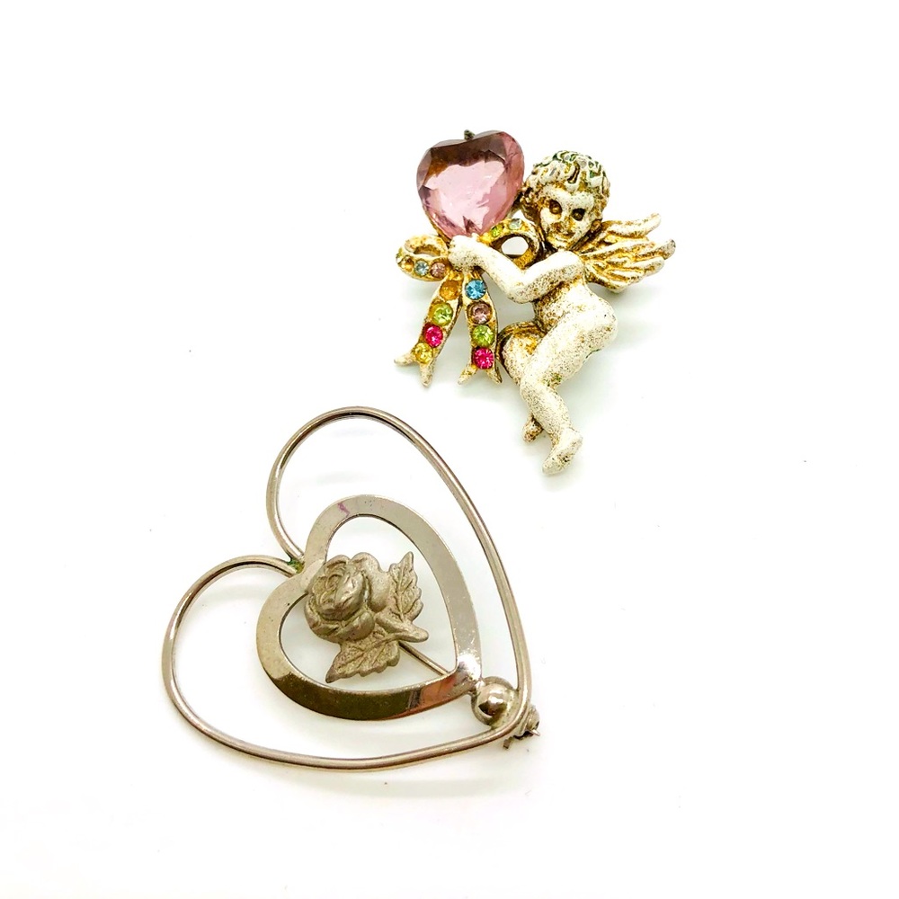 Vintage Nouveau Cherub Heart Rhinestone Angel Brooch & Sterling Heart Brooch